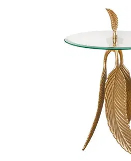 Estila Art-deco kulatý příruční stolek Pluma se skleněnou vrchní deskou a podstavou s designem pírek ve zlaté barvě 45 cm