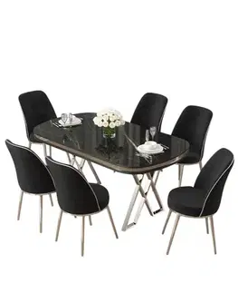 Dining Table & Chairs Set (7 Pieces) Lai - Black Marble, Chrome, Black