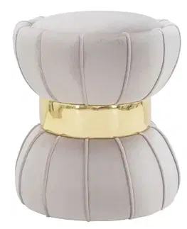 Estila Art deco kulatá sametová textilní taburetka Glamia Tapisé v béžové barvě se zlatým detailem 44 cm