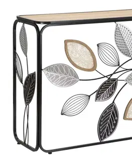 Estila Designový konzolový stolek Florel se zdobenou kovovou konstrukcí v černé barvě a obdélníkovou dřevěnou deskou 108 cm