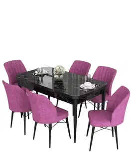 Extendable Dining Table & Chairs Set (7 Pieces) Eva - Black Marble, Purple