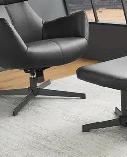 Estila Moderní industriální podnožka Krespa s černým potahem z ekokůže a kovovou nohou 36 cm