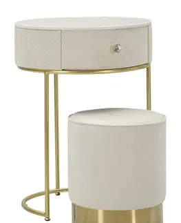 Estila Glamour kulatý toaletní stolek s taburetkou Glamia Tapisé s krémovým sametovým potahem a zlatou podstavou se zásuvkou 52 cm