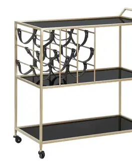 Estila Designový glamour servírovací vozík Stefano s držákem na láhve a třemi policemi z černého skla a zlatou konstrukcí 79 cm