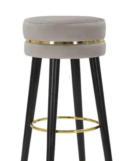 Estila Art deco barová židle Laurentia se sametovým sedákem v šedé barvě se zlatými detaily a černými kovovými nožičkami 74 cm