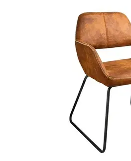 Estila Industriální hnědá kožená jídelní židle Pala s vintage vzhledem s černými kovovými nožičkami a bílým prošíváním 79 cm