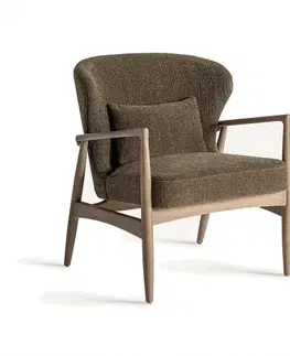 Estila Luxusní retro čalouněné kaki zelené křeslo Ulinop s dřevěnými hnědými nožičkami a opěrkami na ruky 83 cm