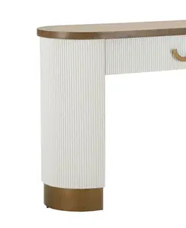 Estila Art deco bílý oválný konzolový stolek Glamia Blanc s vroubkovaným designem s hnědou dřevěnou deskou a zásuvkou 121 cm