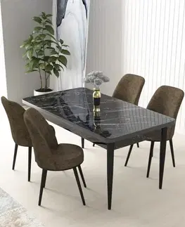 Dining Table & Chairs Set (5 Pieces) Nil - Black Marble, Brown