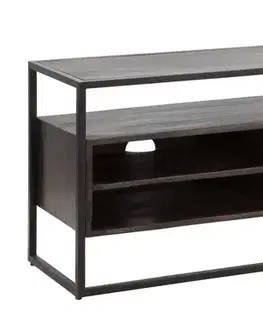 Estila Designový masivní TV stolek Melvin z akáciového dřeva v tmavě hnědé barvě se třemi policemi a jedněmi dvířky 120 cm