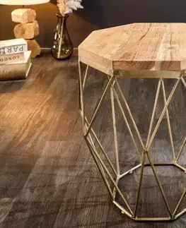 Estila Designový konferenční stolek Solid Diamond z masivu v moderním stylu s kovovou podstavou ve zlaté barvě hnědý 50cm