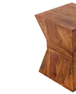 Estila Moderní designová naturální čtvercová hnědá taburetka Pyramid ze sheeshamového dřeva se zúženou střední částí 45 cm