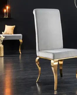 Estila Designová jídelní židle Modern Barock se zlatým kovovým nohama a stříbrným potahem 104cm