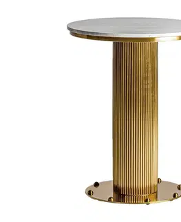 Estila Luxusní art deco kulatý mramorový barový stůl Benny se zlatou kovovou nohou a vrchní bílou deskou s šedými žilkami 76 cm