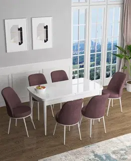 Extendable Dining Table & Chairs Set (7 Pieces) Han - White, Dusty Rose