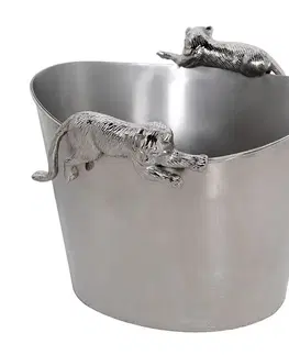 Estila Stylová art deco kovová nádoba na chlazení vína Salom ve stříbrné barvě s držáky v podobě tygrů 34 cm
