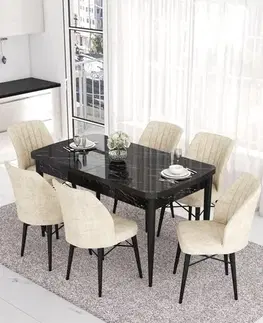 Extendable Dining Table & Chairs Set (7 Pieces) Eva - Black Marble, Cream