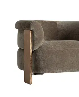 Estila Luxusní art deco čalouněné křeslo Jeran v zelené kaki barvě s žinylkovým potahem a třemi hnědými dřevěnými nožičkami 96 cm