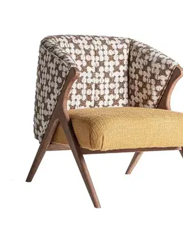 Estila Luxusní designové čalouněné křeslo Brilon s hnědým dřevěným rámem a žlutým sedátkem se vzorovanou hnědobílou opěrkou 80 cm