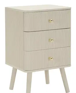 Estila Art deco krémový noční stolek Shelly se třemi zásuvkami se zlatými úchyty a žebrovaným reliéfem 61 cm