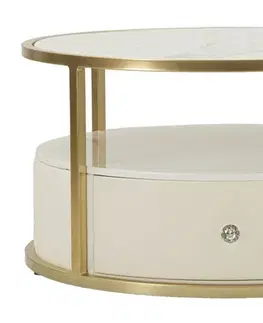 Estila Glamour konferenční stolek Glamia Tapisé s kulatou bílou mramorovou deskou se zlatou konstrukcí a dvěma zásuvkami 75 cm
