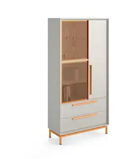 Estila Moderní masivní pravá komoda Estoril se zásuvkami a skleněnými dvířky na nožkách 204cm