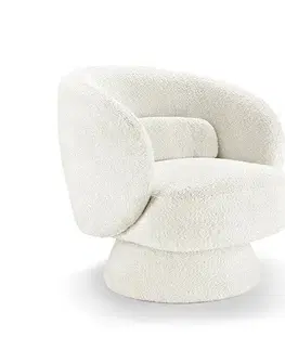 Estila Stylové bouclé otočné designové křeslo Elain v kulatém tvaru v bílé barvě na kuželové podstavě 71 cm