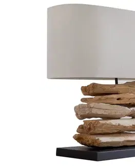 Estila Stylová etno stolní lampa Duna s masivní hnědou dřevěnou základnou a béžovým oválným lněným stínítkem 55 cm