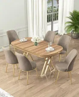 Dining Table & Chairs Set (7 Pieces) Lai - Light Walnut, Gold, Cappuccino