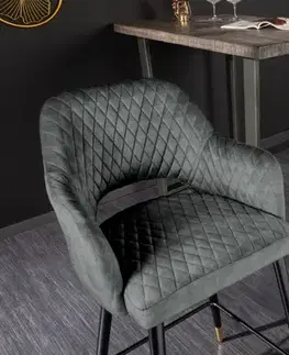 Estila Sametová barová židle Fribourg ve stylu art deco v šedozelené barvě na černých šikmých nožičkách se zlatým kováním 104cm