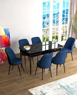 Extendable Dining Table & Chairs Set (7 Pieces) Han - Black Marble, Navy Blue