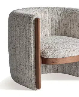 Estila Luxusní art deco čalouněné půlkruhové křeslo Janies s bílým texturovaným potahem s hnědým dřevěným detailem 80 cm