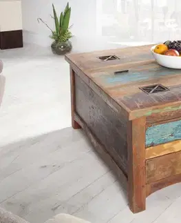 Estila Designový čtvercový konferenční stolek Jakarta s úložným prostorem z hnědého dřeva s modrým a zeleným vintage nátěrem 70 cm