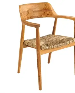 Estila Designová etno jídelní židle Elvar s hnědým rámem z masivního teakového dřeva a sedadlem s proutěným výpletem 58 cm