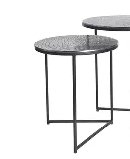 Estila Designový set kulatých příručních stolků Gustave s ručním zdobením se vzorem krokodýlí kůže starožitná stříbrná 49 cm