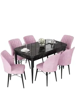 Extendable Dining Table & Chairs Set (7 Pieces) Nef - Black Marble, Pink