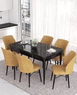 Extendable Dining Table & Chairs Set (7 Pieces) Eva - Black Marble, Cappuccino