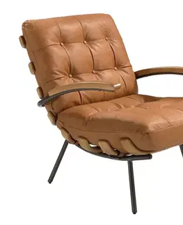 Estila Luxusní retro kožené křeslo Vita Naturale v koňakové barvě s prošíváním a knoflíky s černou kovovou konstrukcí 91 cm