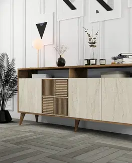Konzolový stolek / Komoda Milan - Walnut, Travertine