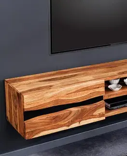 Estila Designový nástěnný TV stolek Mammut II z masivního sheesham dřeva se dvěma dvířky a poličkami 160cm
