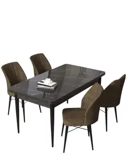 Dining Table & Chairs Set (5 Pieces) Arp - Black Marble, Brown