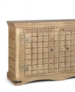 Estila Luxusní venkovský příborník Albacete z masivního hnědého akáciového dřeva s vintage úpravou a vyřezávaným zdobením 140 cm