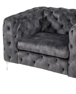 Estila Designové chesterfield křeslo Modern Barock v tmavě šedé barvě se sametovým potahem a stříbrnými nožičkami z kovu 120 cm