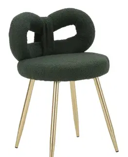 Estila Moderní designová čalouněná tmavě zelená jídelní židle Janar s bouclé potahem a kovovými zlatými nožičkami 67 cm