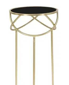 Estila Art deco kovový zlatý kovový kulatý příruční stolek Alisia s vrchní skleněnou černou deskou s oblými detaily 80 cm