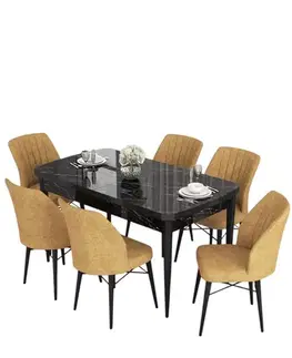 Extendable Dining Table & Chairs Set (7 Pieces) Eva - Black Marble, Cappuccino