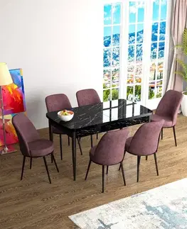 Extendable Dining Table & Chairs Set (7 Pieces) Han - Black Marble, Dusty Rose