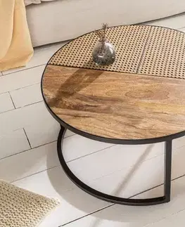 Estila Industriální set dvou kulatých konferenčních stolků Elements z masivního mangového dřeva a ratanu 36cm