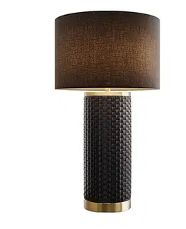 Estila Designová art deco černá stolní lampa Draconia s keramickou podstavou s reliéfním čtvercovým vzorem a zlatými detaily 70 cm