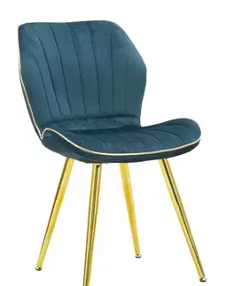 Estila Art deco čalouněná prošívaná jídelní židle Dorena s sametovým petrolejovým modrým potahem a zlatými nožičkami 77 cm